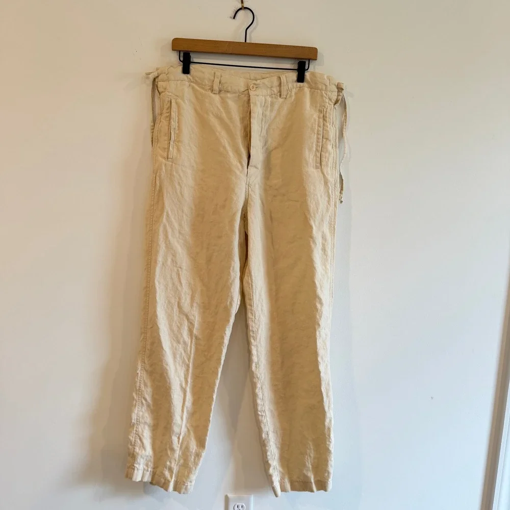 Mens Cream Beige 100% Linen Pants Made Italy Size 50 Button Fly Drawstring 36X32